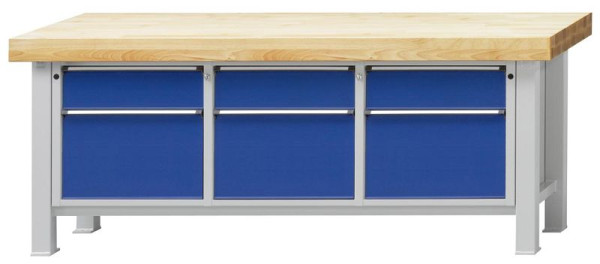 ANKE zware werkbank 2250x800mm; Beuk massieve plaat; Links 2 laden 180.360 mm midden 2 laden 180.360 mm rechts 2 laden 180.360 mm