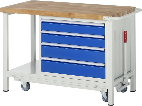 RAU werkbank met neerlaatbaar onderstel serie 8000, 4x XL laden, opbergplank, 1250x880x700 mm, 05-8262A6-127B4F.11