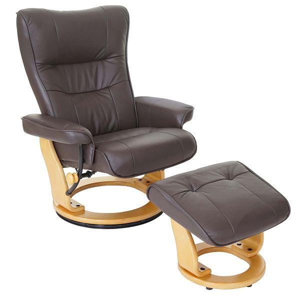 Mendler MCA relaxstoel Montreal, TV-stoel kruk, echt leer 130 kg laadvermogen, bruin, natuurlijk bruin, 56049