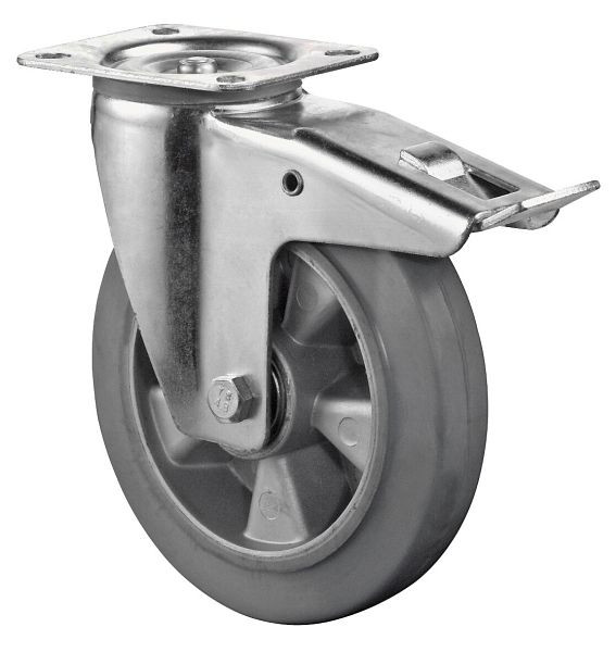 BS rollen transportrol met rem, breedte 40 mm, Ø125 mm, tot 150 kg, grijze elastische banden, aluminium wiellichaam, kogellagers, LS420.B83.125