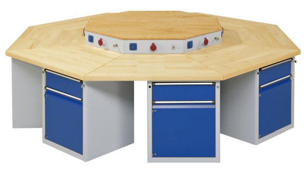 ANKE achthoekige groepswerkbank; 8 werkplekken; 3018x3266 mm; RAL 7035/5010; Massief beuken blad 50 mm; Randlengte 1250 mm, model 801 VG