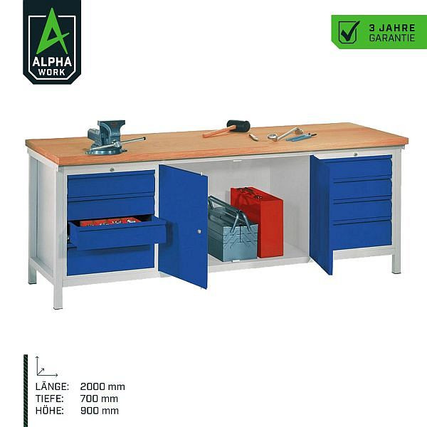 Alpha Werkbank, 2000 x 900 x 700 mm, behuizing: lichtgrijs, panelen: gentiaanblauw, beukenmultiplex blad, 06051