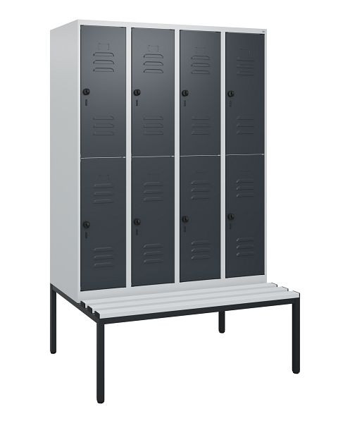 C+P Doppelstöckiger Spind Classic PLUS, 4 Abteile, 1950x1200x815mm, 7035/7016, Drehriegel, mit untergebauter Sitzbank, 0803505-40 S10068