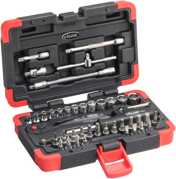 VIGOR dopsleutelset, aantal gereedschappen: 46, aandrijving: vierkant, hol 6,3 mm (1/4 inch), V2414N