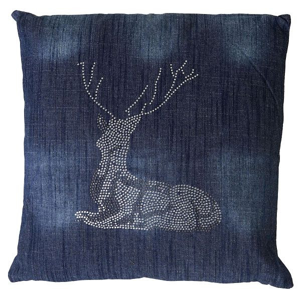 Mendler deco kussen hert, bankkussen met vulling, blauwe strass steentjes 45x45cm, 51882