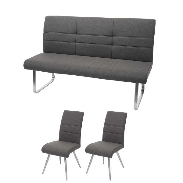 Mendler Set 2x eetkamerstoel + bank HWC-G55, bank keukenstoel, stof/textiel RVS, grijsbruin bank 180cm, 73577 + 73578 + 71708