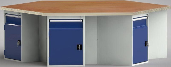 KLW standaard werkbank in zeshoekige vorm met beuken multiplex blad in zeshoekige vorm 2338 x 2700 x 40 mm L x B x S, WS620N-1350M40-E8012