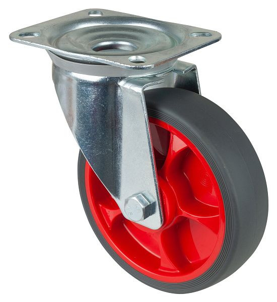 BS rollen transportwiel zwenkwiel, thermoplastisch rubberen wiel, grijze band, rollager, plaat, diameter: 160 mm, verpakking: 2 stuks, L400.B44.161.03