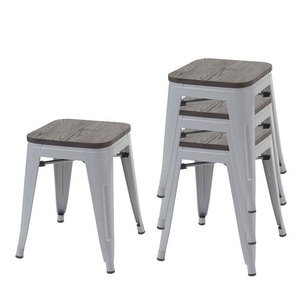 Mendler set van 4 krukken HWC-A73 incl. houten zitting, metalen kruk kruk, metaal industrieel design stapelbaar, grijs, 70773