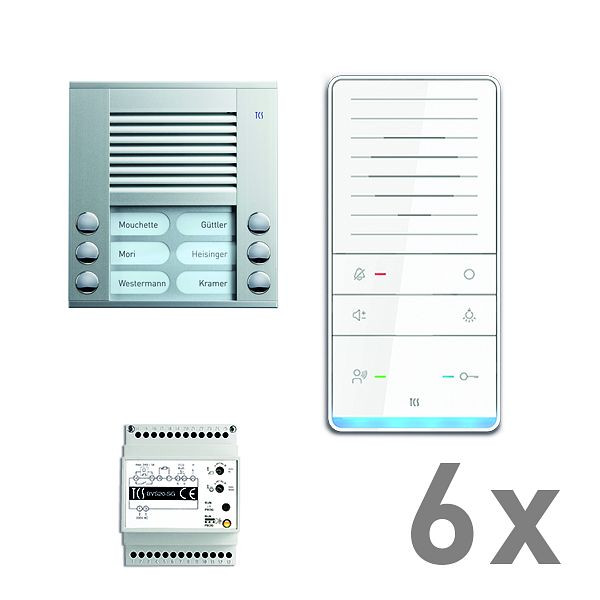 TCS deurbediening audio: pack AP voor 6 wooneenheden, met buitenpost PES 6 belknoppen, 6x handsfree luidspreker ISW5031, bedieningseenheid BVS20, PAAF062 / 001