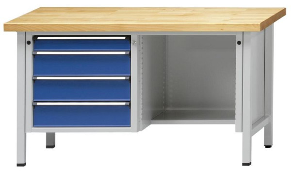 ANKE kastwerkbank; 1500x700 mm; RAL 7035/5010; Links 4 laden 90, 150, 150, 150 mm; Vloerset rechts, model 349 V