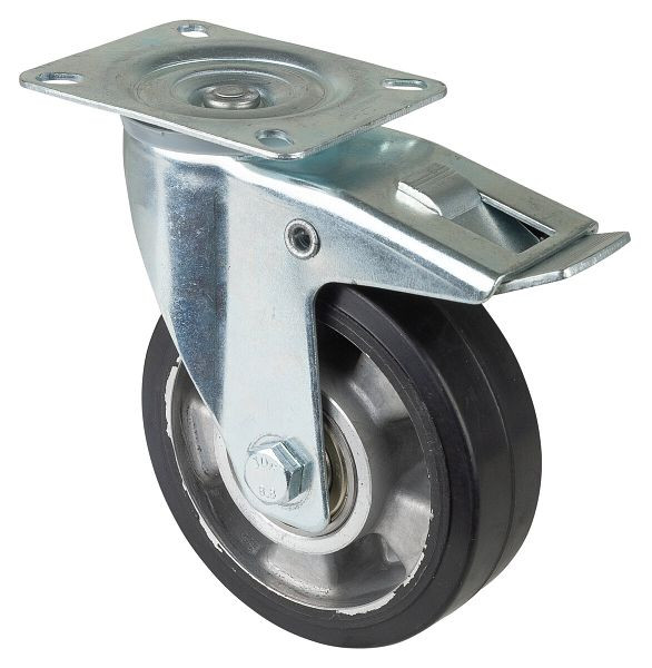 BS rollen transportrol met rem, breedte 40 mm, Ø125 mm, tot 150 kg, zwarte elastische banden, aluminium wiellichaam, kogellagers, LS420.B80.125
