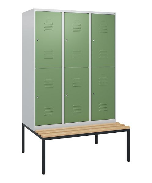 C+P dubbeldekskast Classic PLUS, 3 compartimenten, 1950x1200x815mm, 7035/6011, cilindersloten, beukenhouten zitlatten, bank, 0803505-32 S10036