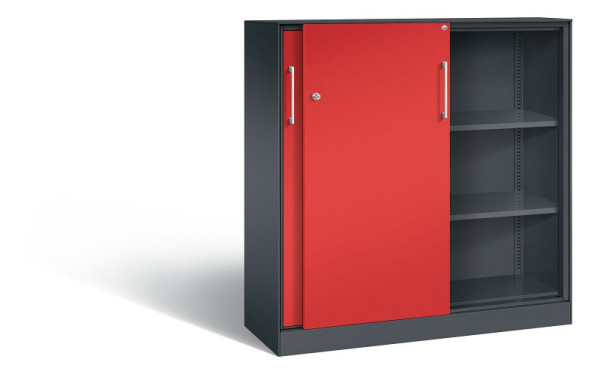 C+P schuifdeurkast Asisto, H1310xB1200xD435mm, kleur: zwartgrijs / vuurrood, beugelgreep, 3 niveaus, 142031-000 S10129