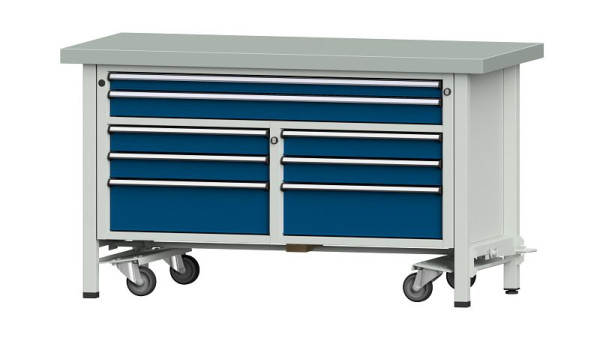 ANKE werkbanken box werkbank, model 259 V, 1500 x 700 x 850 mm, RAL 7035/5010, ZBP 50 mm, met neerlaatbaar verrijdbaar apparaat, 304.231