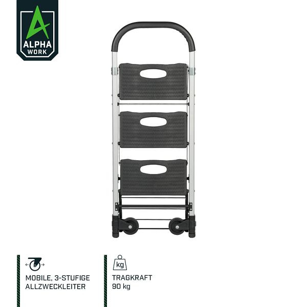 Alpha Work Mobiele universele ladder/transportwagen, opvouwbaar, 3 treden, draagvermogen als wagen 90 kg, 05902