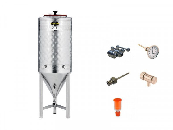 Speidel set RVS kegel vergistingstank 60 liter met kogelkraan, inschroefhuls, thermometer, testklep, fermentatie plug en stop, 45600-ZKG