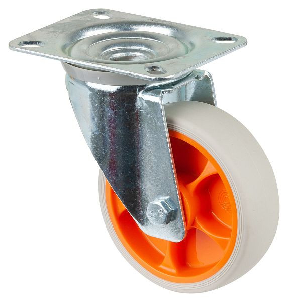 BS-rollen, transportrol, zwenkrol, thermoplastisch rubberen wiel, lichtgrijze band, rollager, plaat, diameter: 100 mm, VE = 4 stuks, L400.B44.101.02