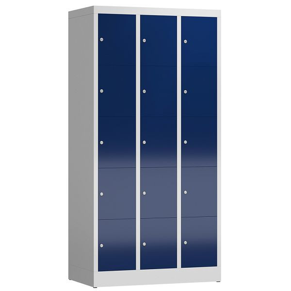 Lüllmann ClassiX lockerkast, 3 compartimenten met elk 5 compartimenten, 1800 x 870 x 500 mm, lichtgrijs/gentiaanblauw, X-520531