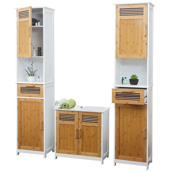 Mendler badkamerset HWC-A85, badkamermeubel 2x hoge kast badmeubel bamboe, wit, 2x57142+57146