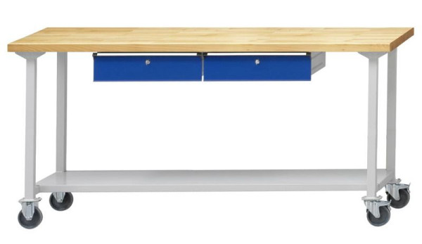 ANKE werktafel; mobiel; 2000x800 mm; RAL 7035/5010; 2xHängeschublade; 1x legbord van plaatstaal, 600 mm diep