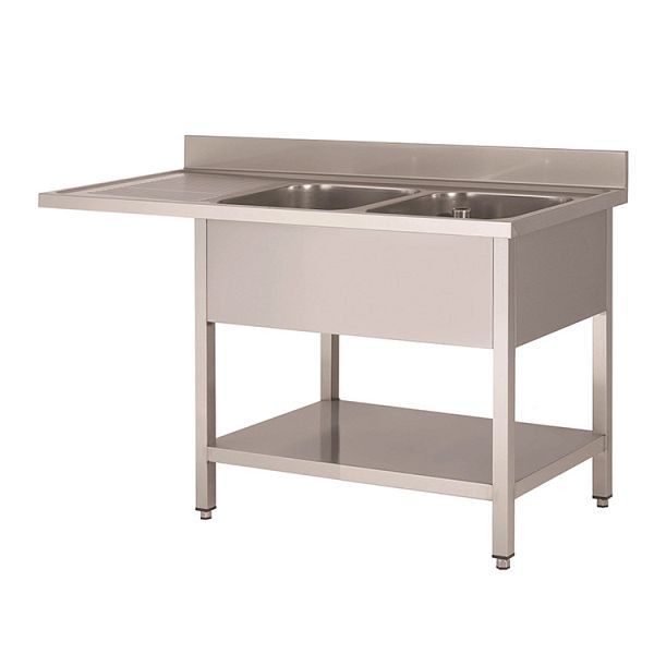 Gastro-Inox spoelunit met 2 spoelbakken rechts, bodem en ruimte voor vaatwasser, 1600mm, compleet met overlooppijp en afvoerkraan, 305.514