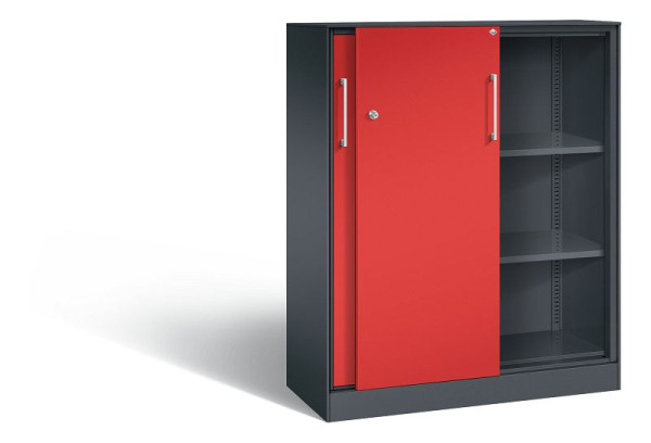 C+P schuifdeurkast Asisto, H1310xB1000xD435mm, kleur: zwartgrijs / vuurrood, beugelgreep, 3 niveaus, 142032-000 S10134
