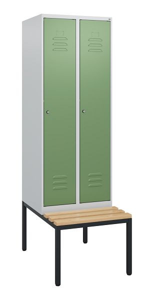 C+P Umkleidespind Classic PLUS, mit untergebauter Sitzbank, 2 Abteile, 1950x600x815mm, 7035/6011, Zylinderschlösser, Buche-Sitzleisten, 0800505-20 S10021