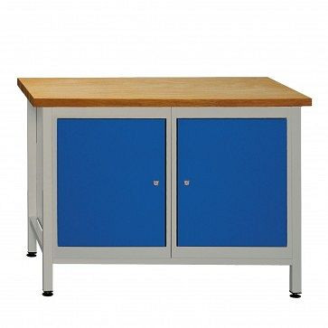 ADB werkbank 2 deuren, afmetingen: 1200x600x840mm (BxDxH), kleur werktafel: grijs, RAL 7035, kleur deur: lichtblauw (RAL 5012), 41927