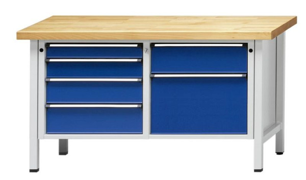 ANKE kastwerkbank; 1500x700 mm; RAL 7035/5010; Links 4 laden 90, 120, 150, 180 mm; Rechts 2 laden 180, 360 mm