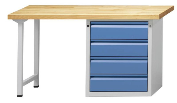 ANKE combinatie werkbank; 1500x700 mm; RAL 7035/5012; Plintkast rechts (E) 625x640x800 mm, 4 laden