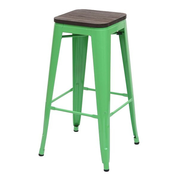Mendler barkruk HWC-A73 incl. houten zitting, barkruk tegenkruk, metaal industrieel design, stapelbaar, groen, 74920