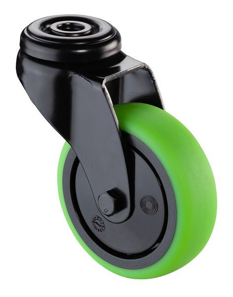 BS Wielen Zwart zwenkwiel, groen thermoplastisch rubber wiel, zwarte velg, kogellager, achtergat, diameter: 75 mm, VE = 4 stuks, A801.A85.075.04