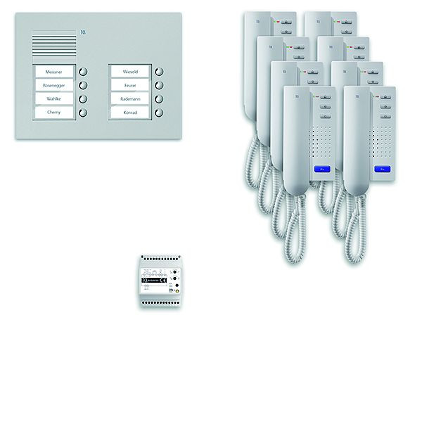 TCS deurbedieningssysteem audio: pack UP voor 8 wooneenheden, met buitenpost PUK 8 belknoppen 2-koloms, 8x deurtelefoon ISH3030, bedieningseenheid, PPU08 / 2-EN / 02