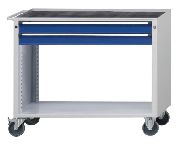 ANKE werkplaatswagen; 1140x650x970 mm; RAL 7035/5010; Massief beuken blad 40 mm; 1-delige behuizing; 2x doorlopende lade 90 mm, 460.253