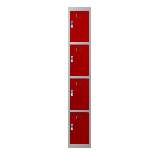Phoenix PL Series 1 Column 4 Door Personal Locker Grijze behuizing/rode deuren met elektronische sloten, PL1430GRE