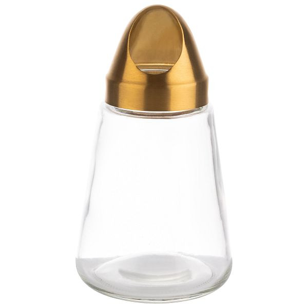 APS snackdispenser, Ø 8,5 x 15,5 cm, glazen container, RVS schroefdeksel, goudlook, 350 ml, opening: 3,5 x 2,5 cm (ovaal), 40516