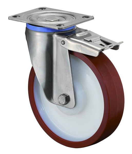BS Wielen RVS zwaarlastwiel met rem, B50 mm, Ø200 mm, tot 700 kg, rood polyurethaan oppervlak, rollager, HS120.B28.200