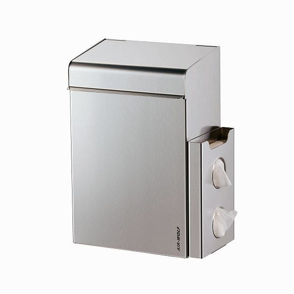 Air Wolf hygiëne-afvalcontainer met zakjesdispenser, serie Lobo, met zakjeshouder aan de voorzijde: H x B x D: 342 x 220 x 163 mm, RVS geborsteld, 40-100
