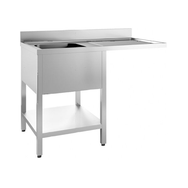 Gastro-Inox spoelunit met 1 spoelbak links, bodem en ruimte voor vaatwasser, 1200mm, compleet met overlooppijp en afvoerkraan, 305.511