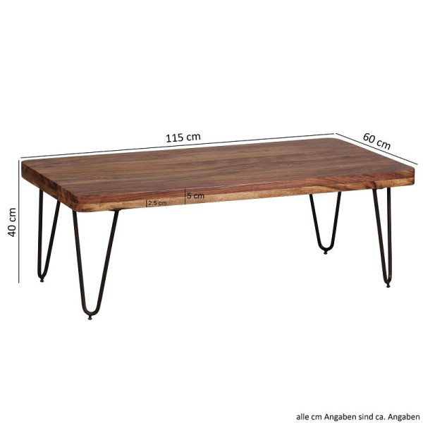 Wohnling salontafel BAGLI massief sheeshamhout 115 cm breed design metalen poten landelijke stijl, WL1.511