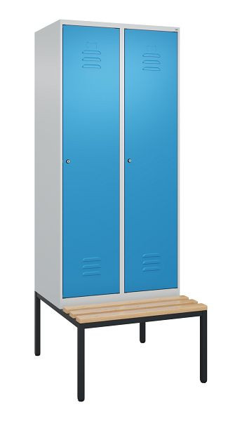 C+P luierkastje Classic PLUS met middenwand, bank, 2 vakken, 2120x800x815mm, 7035/5012, cilindersloten, beuken zitlat, 0800507-22F S10048