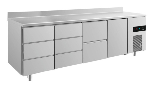 A&S Polarny koeltafel -2 tot +8°C met deur rechts, twee laden rechts midden en 2x drie laden, 2330 x 700 x 850 mm, met opstaande rand, KT4DDZTA