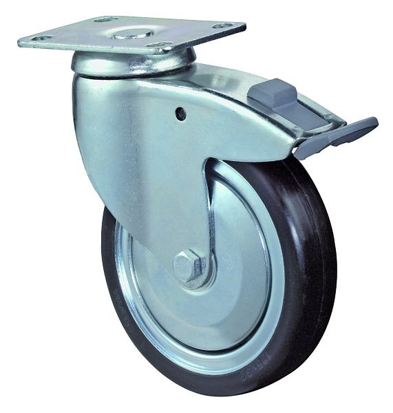 BS-wielen Zwaar apparaatwiel met rem, breedte 32 mm, Ø125 mm, 100 kg, grijs rubber, geleidend, kogellager, plaat, VE = 2 stuks, C120.A89.125