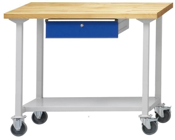 ANKE werktafel; mobiel; 1270x800 mm; RAL 7035/5010; 1xHängeschublade; 1x legbord van plaatstaal, 600 mm diep