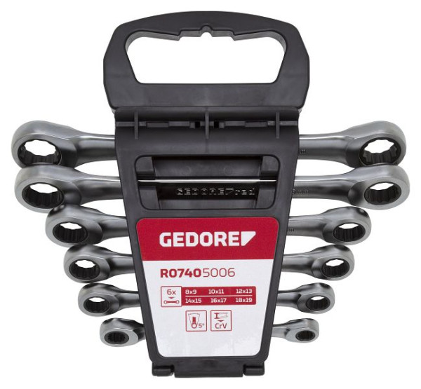 GEDORE rode dubbele ringratelsleutelset, rechte vorm, SW8-19 mm 6-delig, 3300898