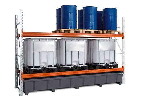 DENIOS palletstelling voor gevaarlijke stoffen, aanbouwveld, 2 opslagniveaus, kunststof opvangbak, 3400 x 1315 x 2700 mm, 305696