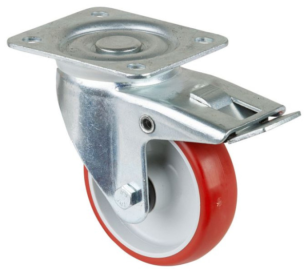 BS rollen transportrol met rem, breedte 30 mm, Ø100 mm, tot 140 kg, rood polyurethaan, kunststof behuizing, rollager, plaat, LB520.B31.100