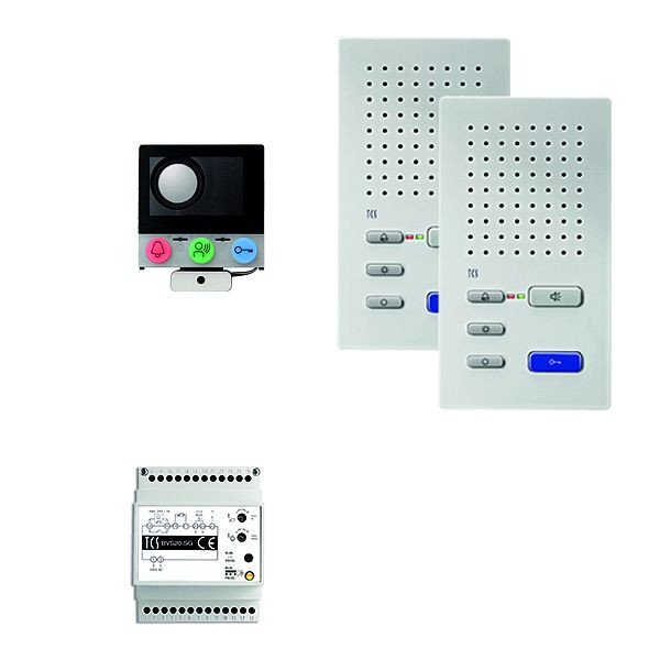 TCS deurbedieningssysteem audio: pakketinstallatie voor 2 wooneenheden, met ingebouwde luidspreker ASI12000, 2x handsfree luidspreker ISW3130, bedieningseenheid BVS20, PAIF020 / 003