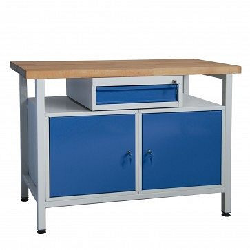 ADB werkbank 1 lade + 2 deuren en plank, afmetingen: 1200x600x840mm (BxDxH), kleur werktafel: grijs, RAL 7035, kleur lade: lichtblauw, RAL 5012, 41942
